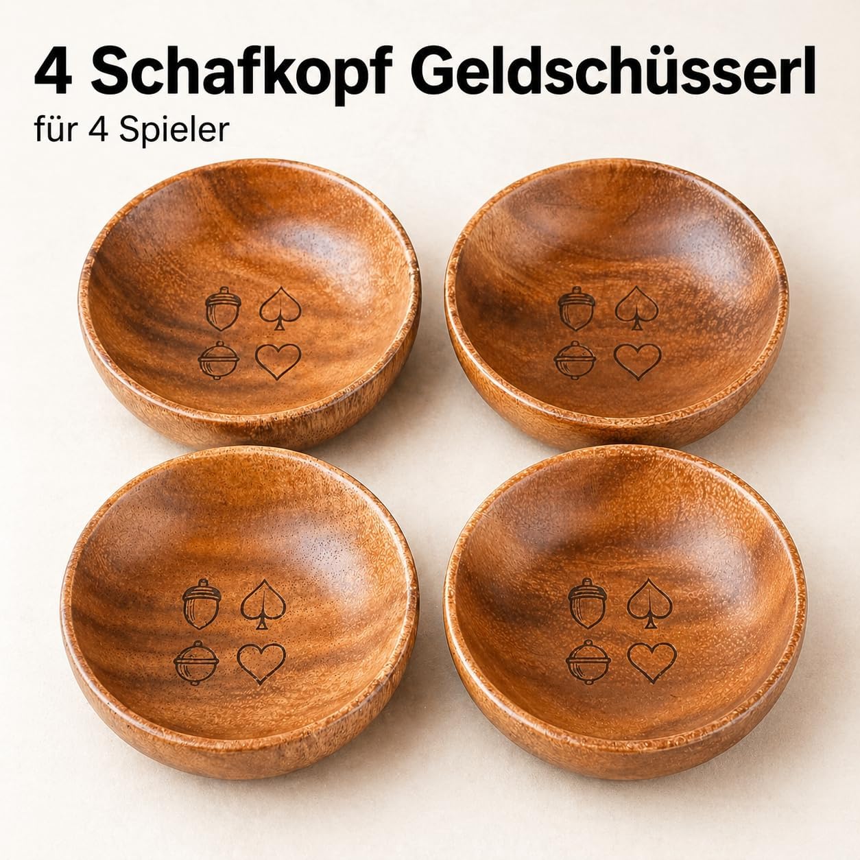 Bäng Läng Schafkopf Geldschüssel Set aus Akazienholz, 4 Stück - Spielgeldteller & Münzschalen für Kartenspiel mit Bayrisches Bild Gravur, Schafkopf Zubehör & Geschenk - Bäng Läng Germany