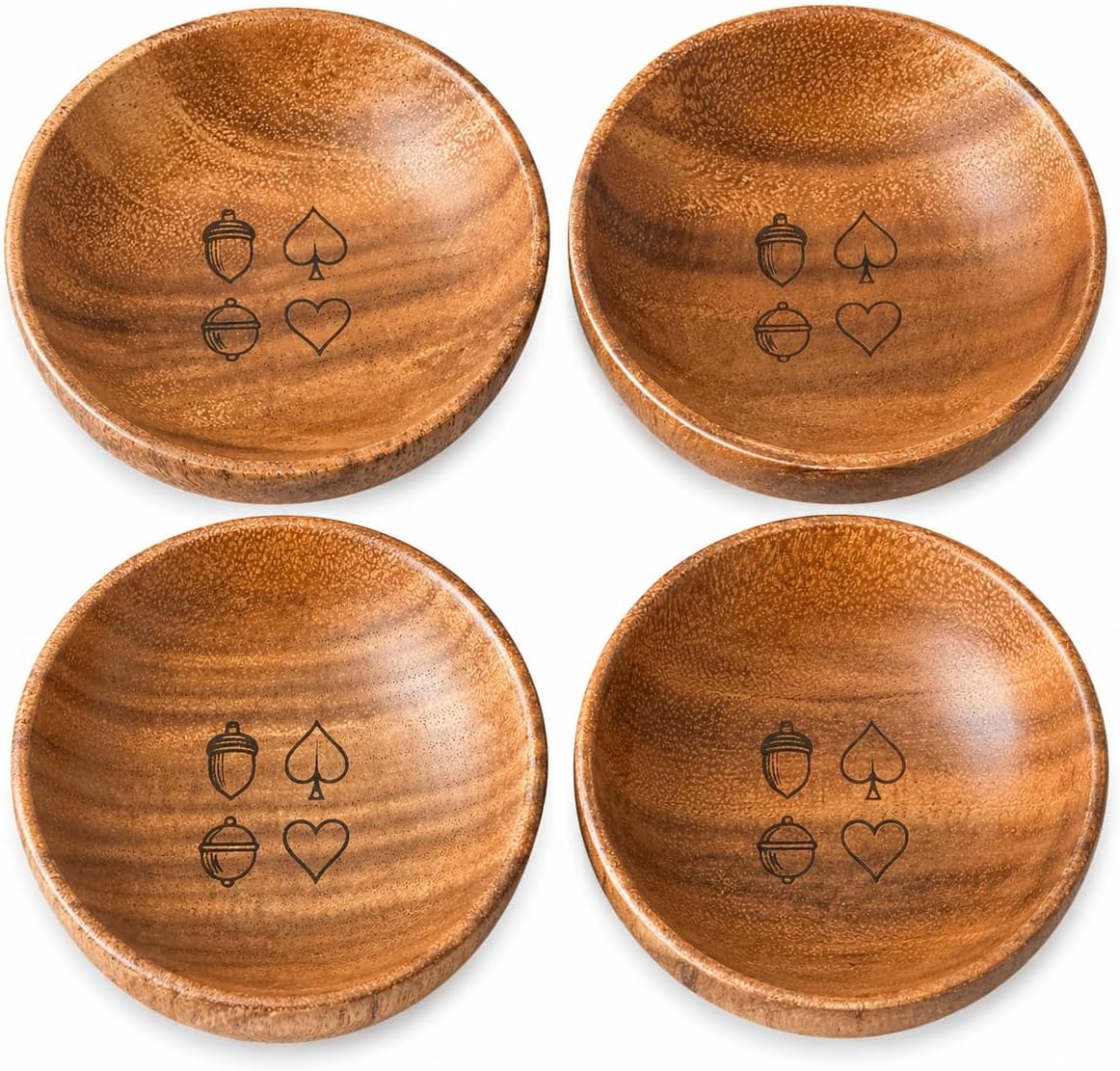 Bäng Läng Schafkopf Geldschüssel Set aus Akazienholz, 4 Stück - Spielgeldteller & Münzschalen für Kartenspiel mit Bayrisches Bild Gravur, Schafkopf Zubehör & Geschenk - Bäng Läng Germany