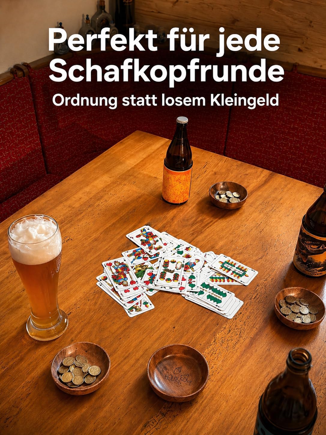 Bäng Läng Schafkopf Geldschüssel Set aus Akazienholz, 4 Stück - Spielgeldteller & Münzschalen für Kartenspiel mit Bayrisches Bild Gravur, Schafkopf Zubehör & Geschenk - Bäng Läng Germany